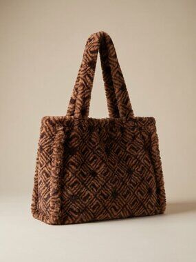 ASOS NWOT Faux Fur Tote Bag Brown Geometric Textured Plush Shoulder Tote Bag